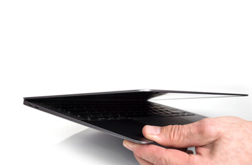 Branded Modern slim laptop on a white background. Ultra slim notebook.