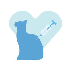 Fototapeta na wymiar Cat with a vaccination syringe on the background of the heart. for stickers of vaccinations, the logo of a veterinary clinic, as a design for the main page of an animal document, etc.