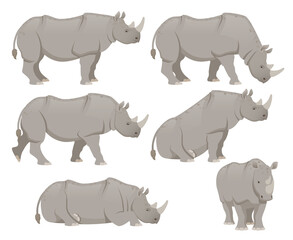 African rhinoceros set. Different poses animal design. Vector illustration isolated on white background