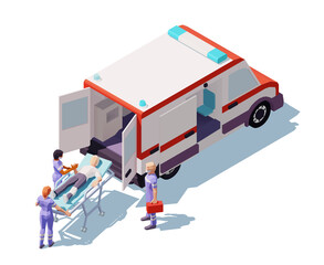 Vector isometric ambulance car, doctor, nurse and patient on stretcher. Medicine ambulance concept isolated on white background.  © Igor