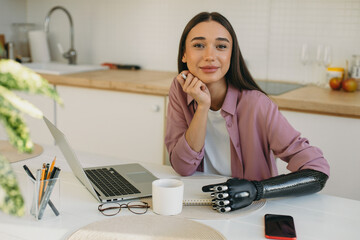 Charming gorgeous adorable photogenic woman with full pouty lips and iron bionic arm prosthesis,...