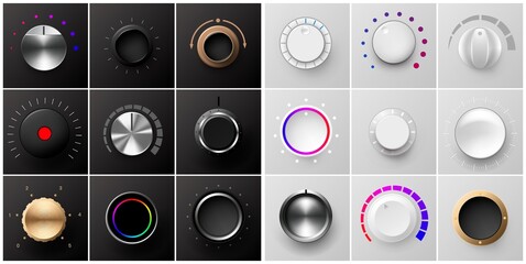 Realistic volume dial. Metal and plastic radio knob. Black and white rotating buttons. Stereo sound round tuners. Dashboard tumblers with control scales. Vector 3D panel switches set