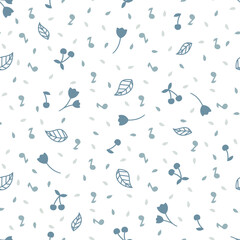 Cherries and leaves white blue seamless pattern. Cherry flowers and music notes vector print for fabric or paper.