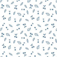 Cherries and leaves white blue seamless pattern. Cherry vector print for fabric or paper.