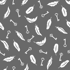 Bird feather and vintage key print design. Vector seamless pattern with keys and feathers.