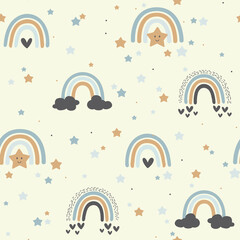 Rainbow and stars vector seamless pattern. Cute baby and kids colorful print.