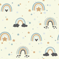 Behang Regenboog Regenboog en sterren vector naadloos patroon. Schattige baby en kinderen kleurrijke print.