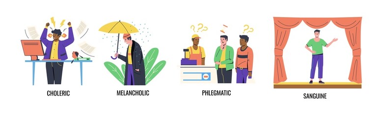 Temperament types. Infographic of persons with different moods. Angry choleric. Happy sanguine. Phlegmatic and melancholic. Human behavior classification. Vector mental individualities set - obrazy, fototapety, plakaty