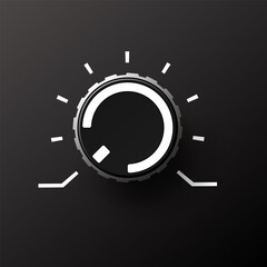Volume dial knob. Music control round button with marks and numbers. Audio and sound balance tuning switch. Dashboard rotating power regulator. Loud amplifier tumbler. Vector illustration