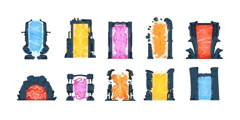 Game portals. Cartoon teleportation doors of different shapes and colors. Magical or futuristic gates for transition between dimensions. Vector round and square stone teleports set