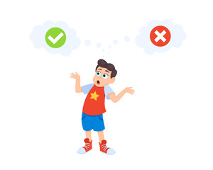 Little doubt boy kid between right and wrong check marks flat style design vector illustration isolated on white background. Cute boy thinking about something right and wrong choice concept.