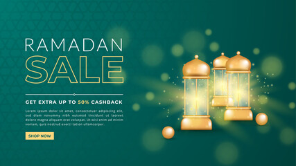 Fototapeta na wymiar Ramadan sale banner surrounded with shiny bright gold lantern. Repeated islamic background banner template.