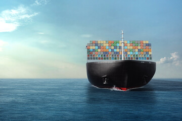 International cargo transportation in containers by sea. Sea huge ship with containers in the sea....