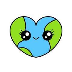 Cute Earth in a shape of a heart smiling. Mother nature concept. Kawaii planet Earth character. Love environment idea. Save the world. Happy cartoon planet. Vector, illustration, flat, clip art. 
