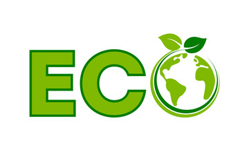 Word Eco template logo. Green lettering with planet earth. Environmental friendly concept. Sustainability. Ecology and nature conservation. Save planet Earth idea. Vector illustration, flat, clip art.