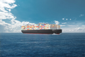 International cargo transportation in containers by sea. Sea huge ship with containers in the sea....