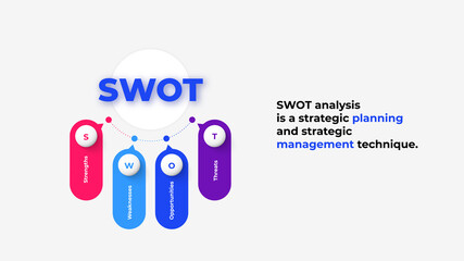 Four rounded elements with icons around big circle. Concept of SWOT analysis or strategic planning technique. Infographic design template