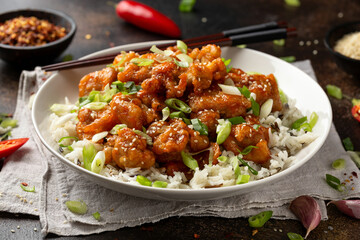 Asian crispy sweet sesame chicken with basmati, wild rice and spring onion.