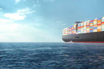 International cargo transportation in containers by sea. Sea huge ship with containers in the sea....
