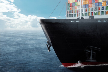 International cargo transportation in containers by sea. Sea huge ship with containers in the sea....