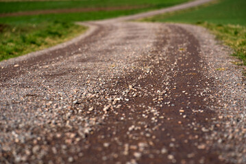 Close-up of rural gravel road with beautiful landscape on a sunny winter day near the airport. Photo taken January 13th, 2022, Zurich, Switzerland.