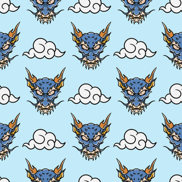 vintage style japanese dragon head and sky tattoo seamless pattern
