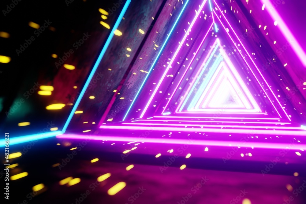 Poster Flying through endless luminous tunnel. Construction with neon glowing hexagons. Hyperloop.  3d rendering illustration. Background pattern for design.