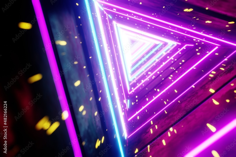 Poster Flying through endless luminous tunnel. Construction with neon glowing hexagons. Hyperloop.  3d rendering illustration. Background pattern for design.