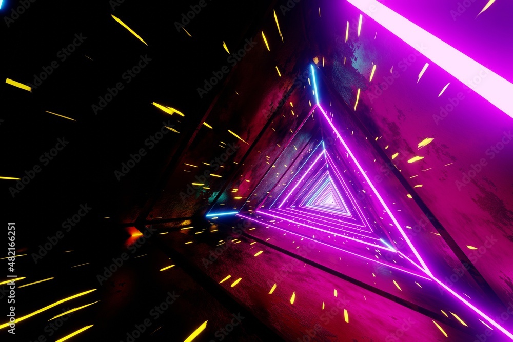 Poster Flying through endless luminous tunnel. Construction with neon glowing hexagons. Hyperloop.  3d rendering illustration. Background pattern for design.