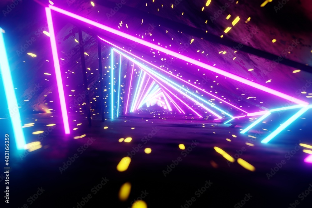 Poster Flying through endless luminous tunnel. Construction with neon glowing hexagons. Hyperloop.  3d rendering illustration. Background pattern for design.