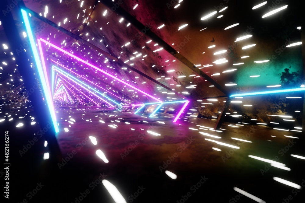 Poster Flying through endless luminous tunnel. Construction with neon glowing hexagons. Hyperloop.  3d rendering illustration. Background pattern for design.