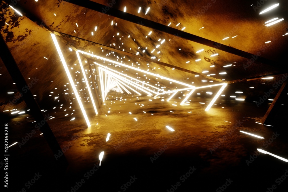 Poster Flying through endless luminous tunnel. Construction with neon glowing hexagons. Hyperloop.  3d rendering illustration. Background pattern for design.