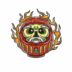 japanese daruma doll illustration with fire behind