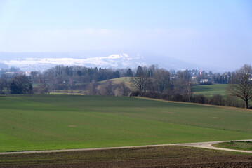 Scenic rural landscape with forest in the background on a sunny winter day near the airport. Photo taken January 13th, 2022, Zurich, Switzerland.