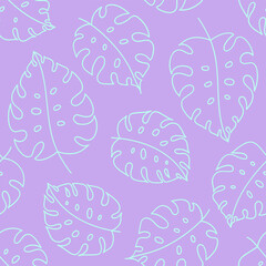 Seamless tropical pattern with monstera leaves. Minimal line art decorative elements.