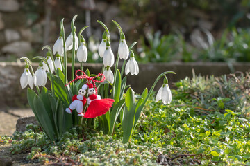 Spring background with white blossom snowdrops and martenitsa or martishor. Bulgarian symbol of spring, March 1 traditional trinket. Cheerful concept of beginning of spring - obrazy, fototapety, plakaty