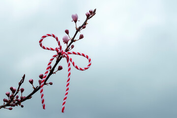 Hello spring background, March first holiday concept. Bow of red and white thread, martenitsa on...