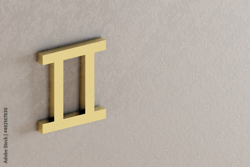 Poster golden zodiac sign gemini on a white wall background. 3d rendering illustration. abstract contempora