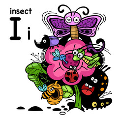 Hand drawn.Alphabet Letter I-insect