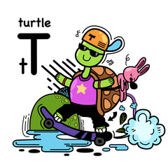 Hand drawn.Alphabet Letter T-turtle