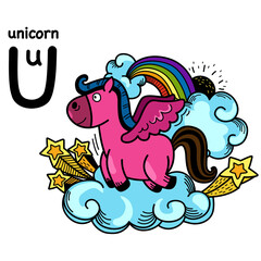 Hand drawn.Alphabet Letter U-unicorn
