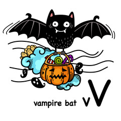 Hand drawn.Alphabet Letter V-vampire bat