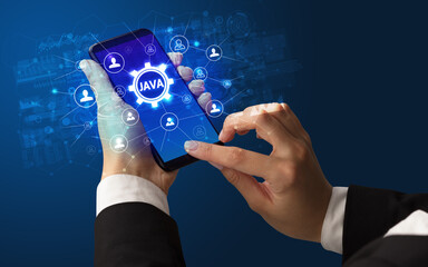 Hand using smartphone with technology concept