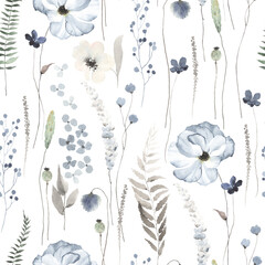 Floral seamless pattern with delicate blue flowers, plants and leaves, watercolor illustration on white background, print for textile or wallpapers, meadow texture. - 482168609
