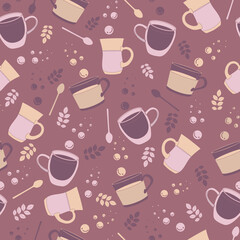 aubergine old pink tea party seasmless pattern. Perfect for fabric, kitchen, scrapbooking, wallpaper projects.