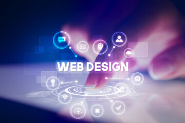 Finger touching tablet with web technology icons concept