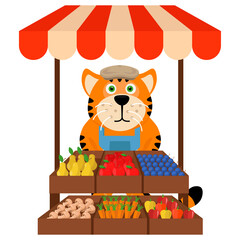 Tiger sells fruits and vegetables from a shopping counter. Vector illustration.