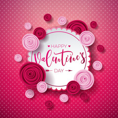 Happy Valentines Day Design with Rose Flower and Handwriting Typography Letter on Pink Pattern Background. Vector Love, Wedding and Romantic Valentine Theme Illustration for Flyer, Greeting Card