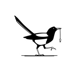 Vector card with hand drawn cute Magpie sneaking with stolen engagement ring. Ink drawing, graphic style. Beautiful wedding or animal design elements.