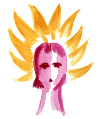 Angry woman. female head shrouded in flames painted with watercolors isolated on white